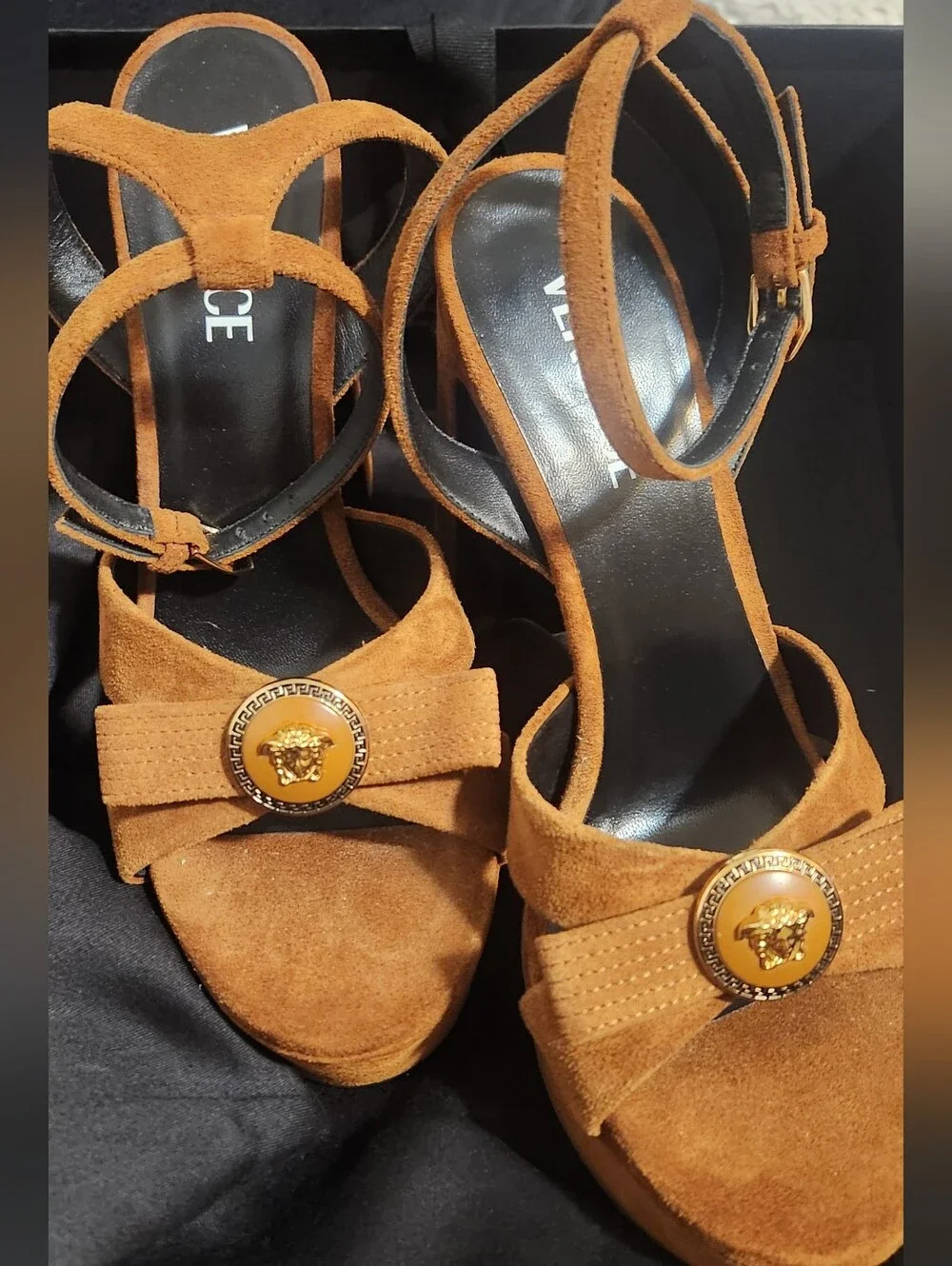 Versace Brown Suede Gianna Platform Bow Open Toe Medallion NEW